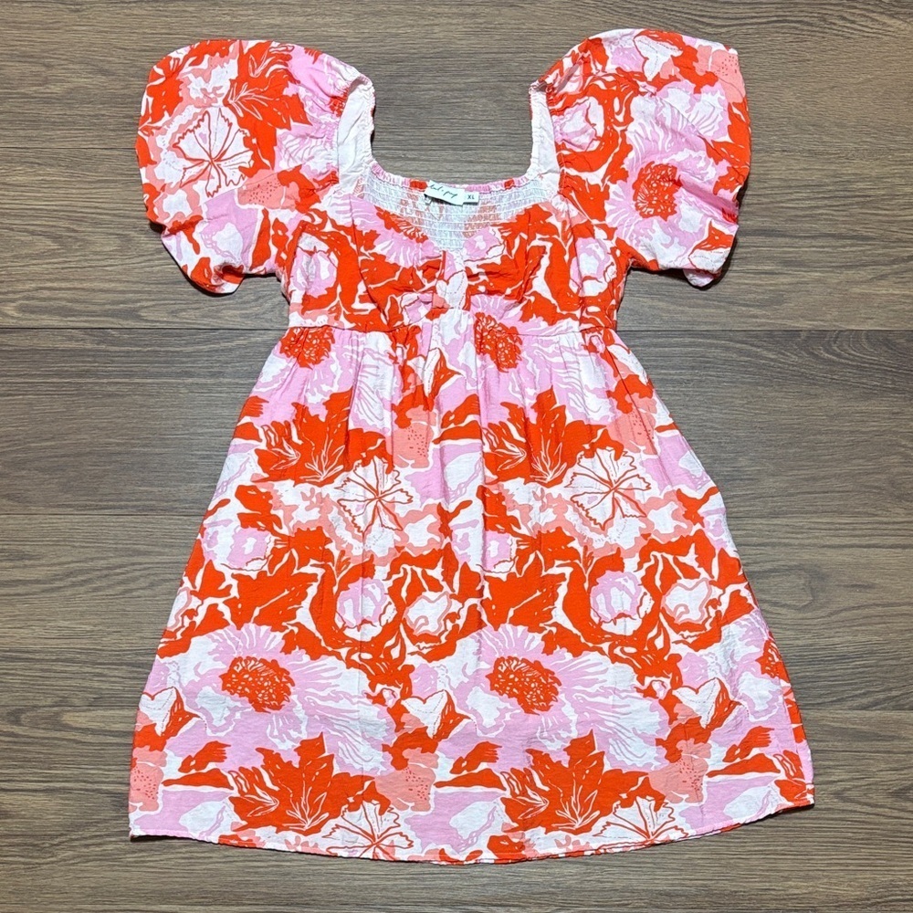 Petal & Pup Pink & White Floral Square Neck Puff Sleeve Mini Dress | Size XL
